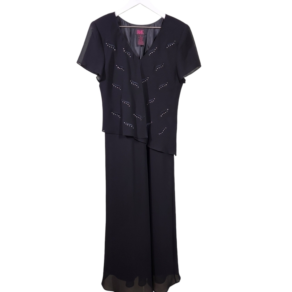 R & K Black Dress Rhinestone Short Sleeve Chiffon, sz 18